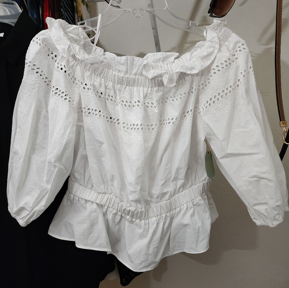 Ryegrass White Top On/ Off the Shoulder Peasant Eyelet Embroidery